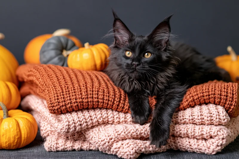Black maine coon kitten resting on stacked knit sweaters surrounded by pumpkins
