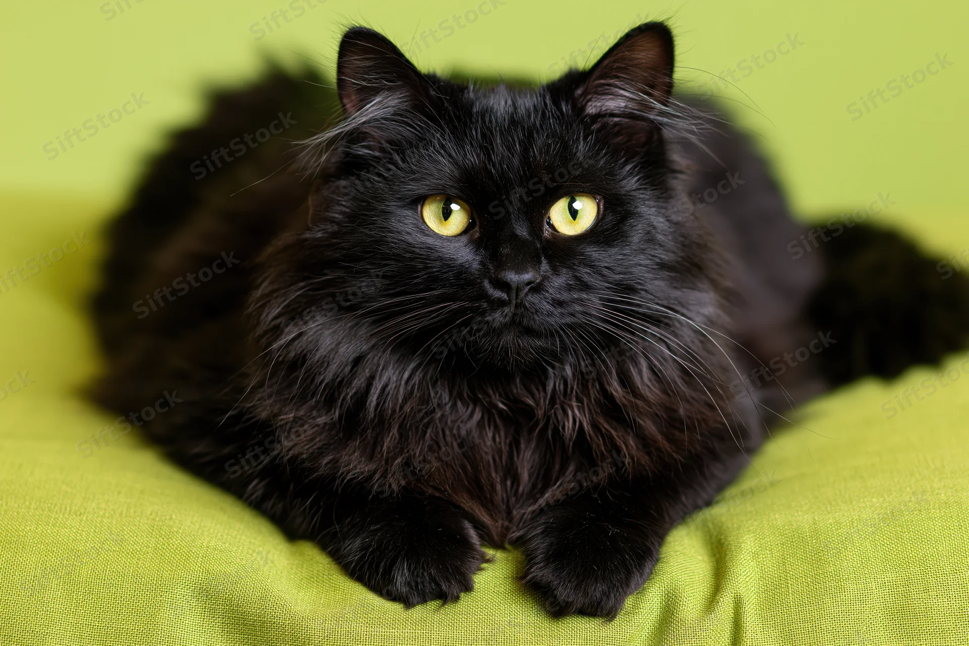 Black fluffy cat lying on green fabric cushion facing camera with alert yellow eyes