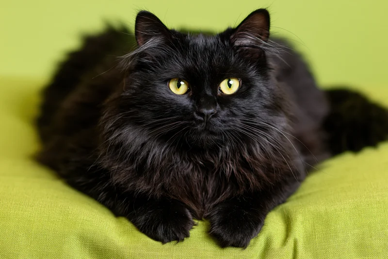 Black fluffy cat lying on green fabric cushion facing camera with alert yellow eyes