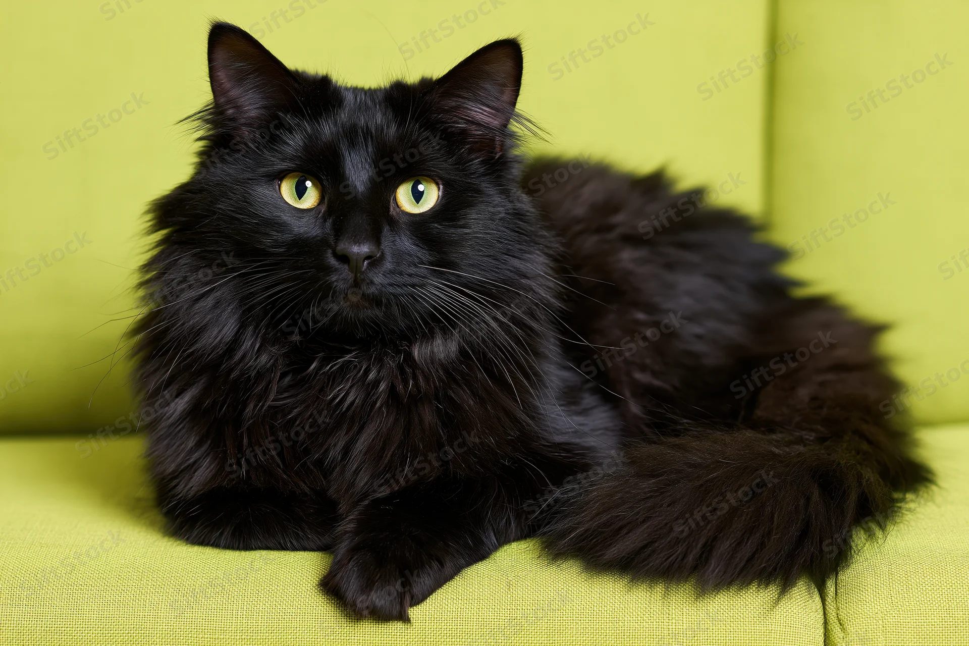 Black fluffy cat lying alert on lime green couch facing camera