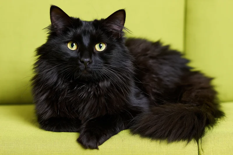Black fluffy cat lying alert on lime green couch facing camera