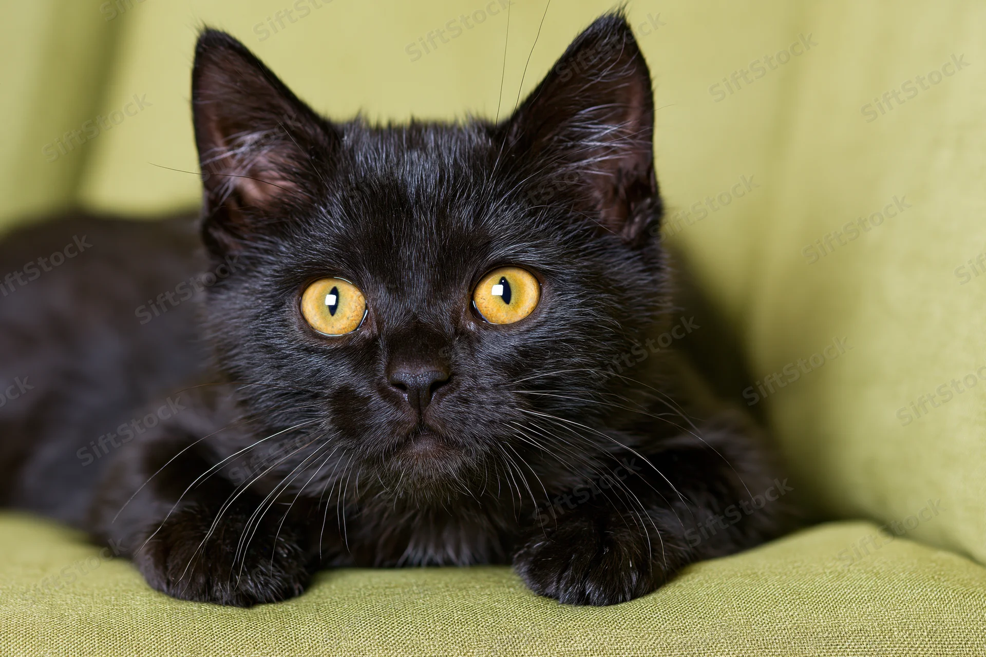 Black kitten lying alert on green couch staring directly at camera