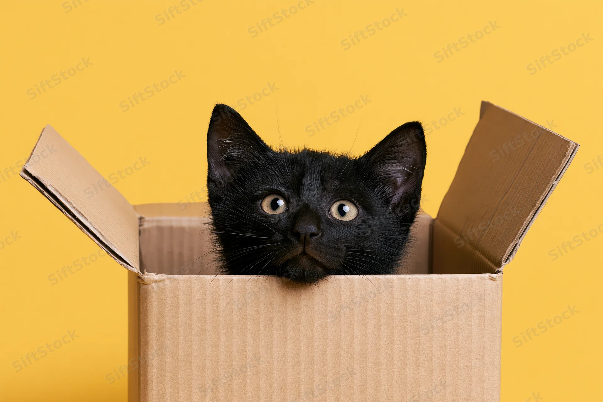 Black kitten peering out of open cardboard box against yellow background