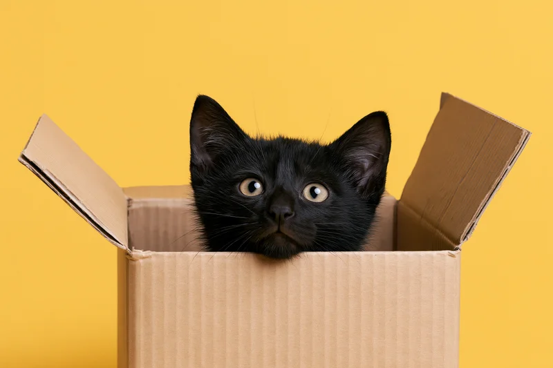 Black kitten peering out of open cardboard box against yellow background