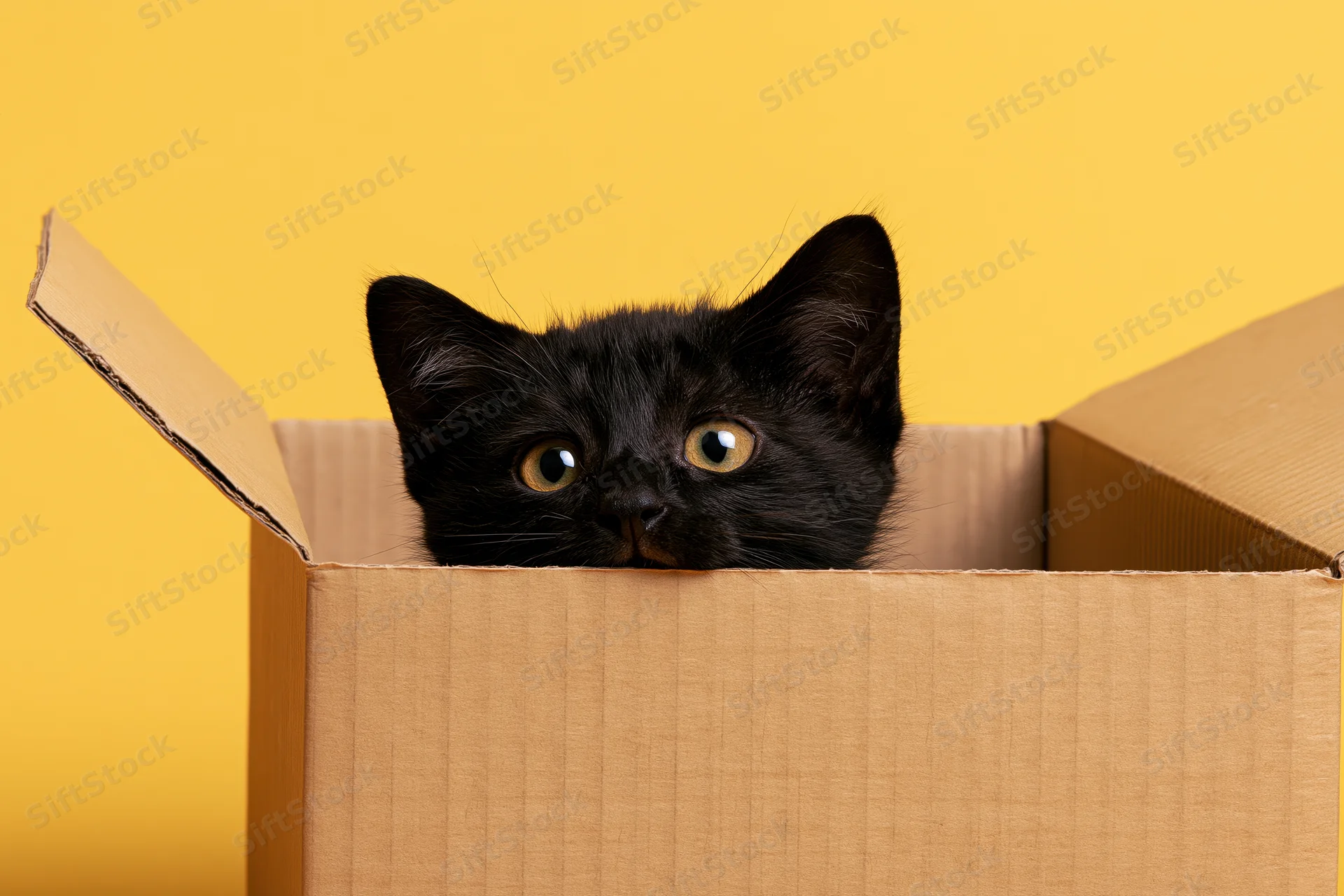 Black kitten peeking out of open cardboard box against yellow background