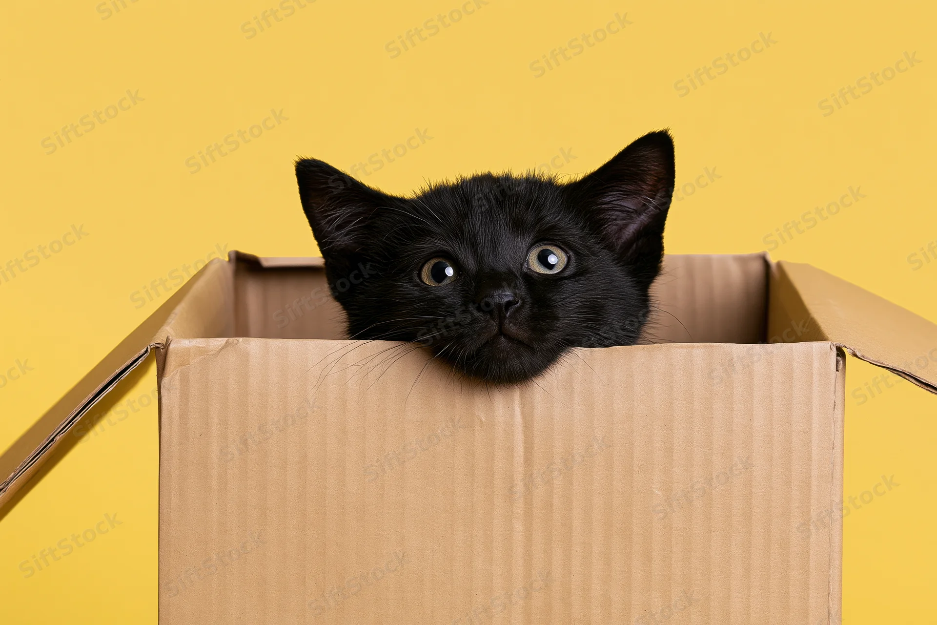 Black kitten peeking out of open cardboard box against yellow background