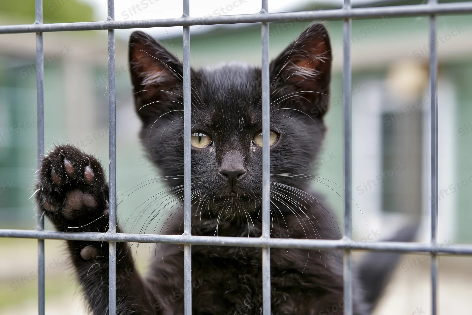 Black kitten pressing paw against metal wire cage outdoors