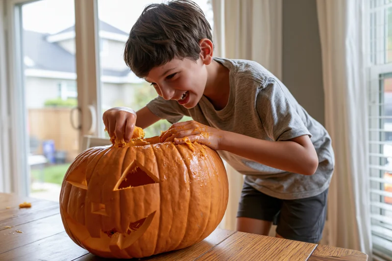 Young boy scooping out pumpkin innards at kitchen table during halloween carving activity