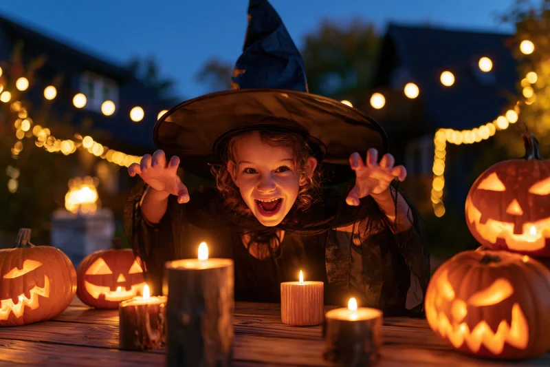 Young child in witch costume smiling playfully at table with carved pumpkins and candles outdoors at night