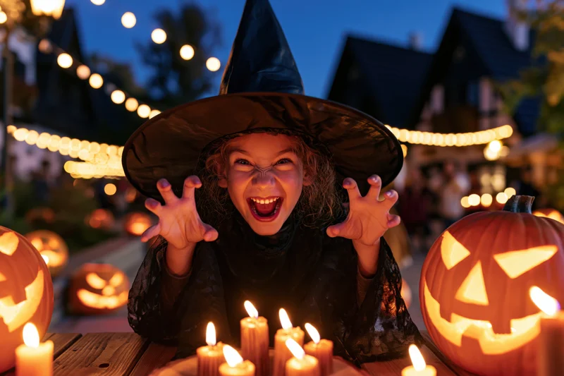 Child dressed as witch smiling excitedly at table with lit jack-o-lanterns and candles outdoors at night