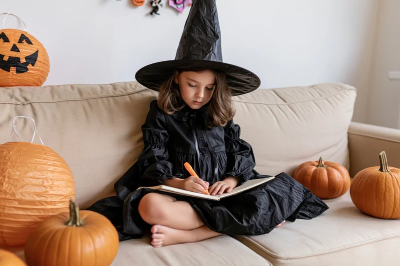 Young girl in witch costume writing in notebook on couch surrounded by pumpkins