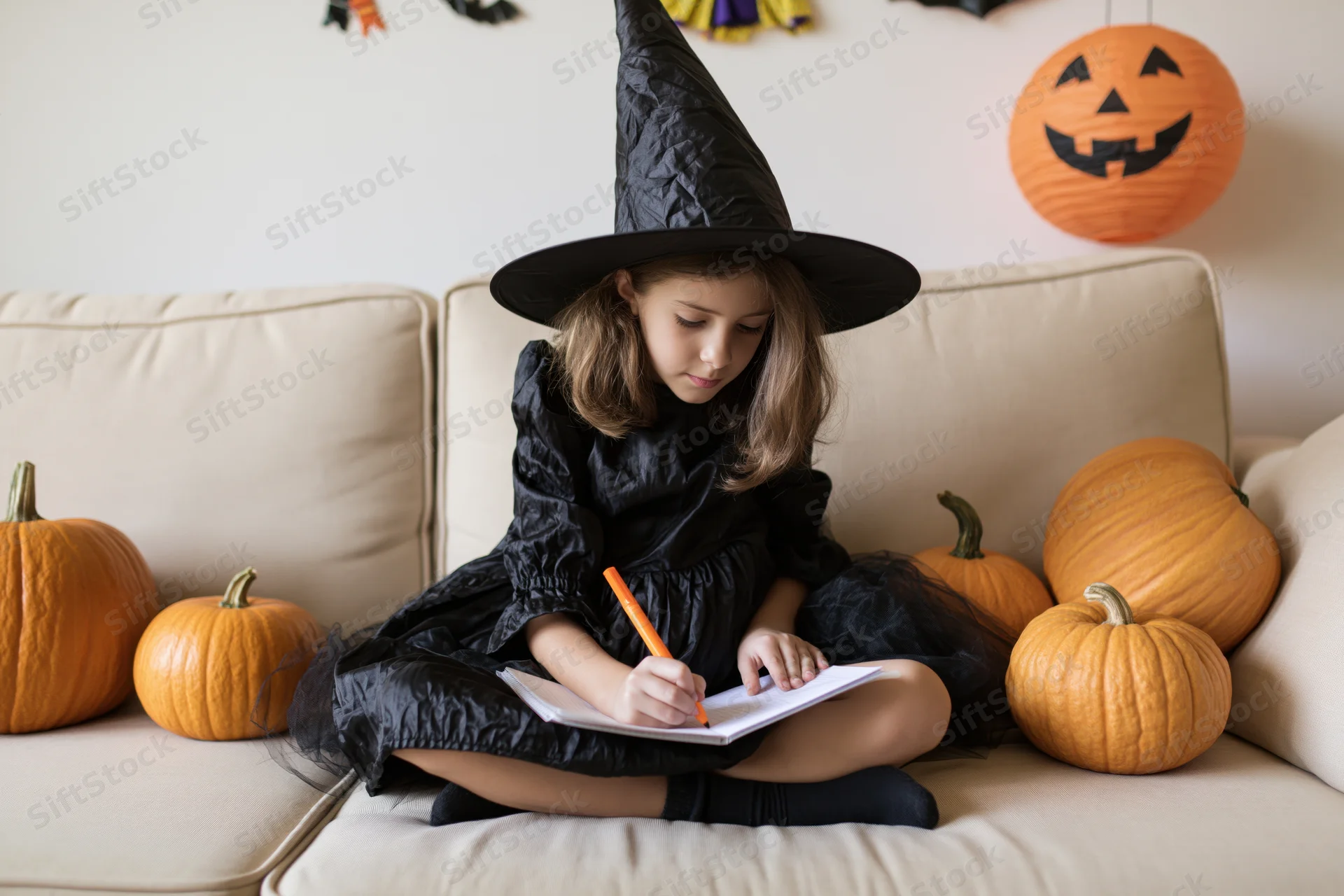 Young girl in witch costume writing in notebook on sofa surrounded by pumpkins and halloween decorations