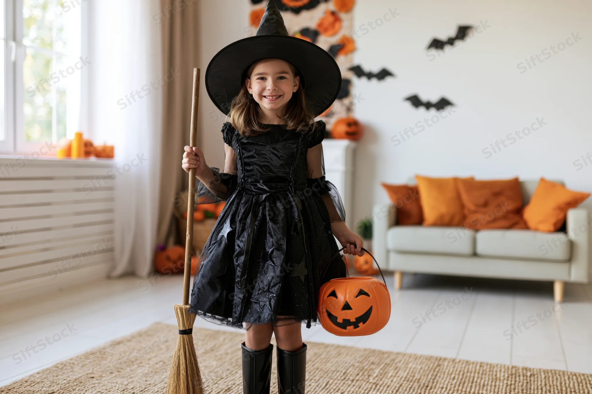 Young girl in witch costume holding broom and pumpkin bucket in decorated living room