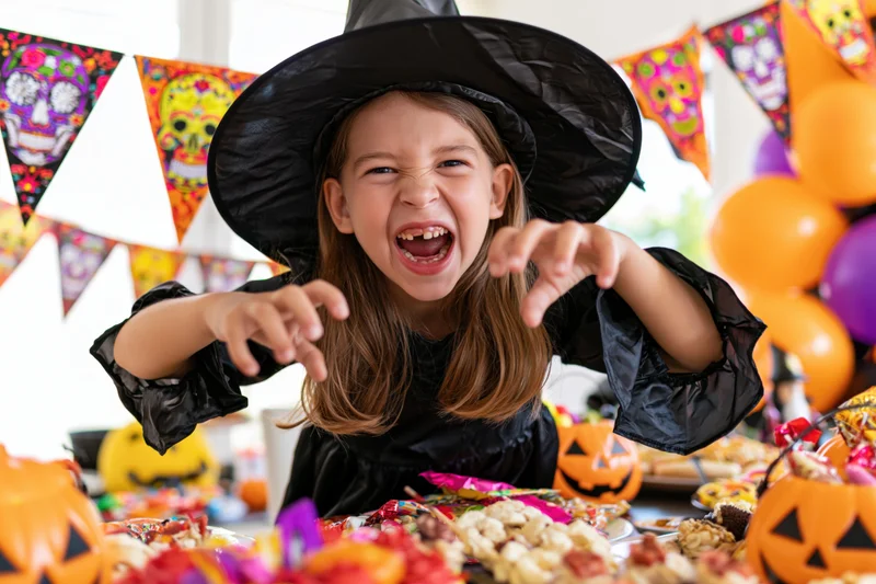 Young girl in witch costume making playful face at halloween party table with candy and decorations