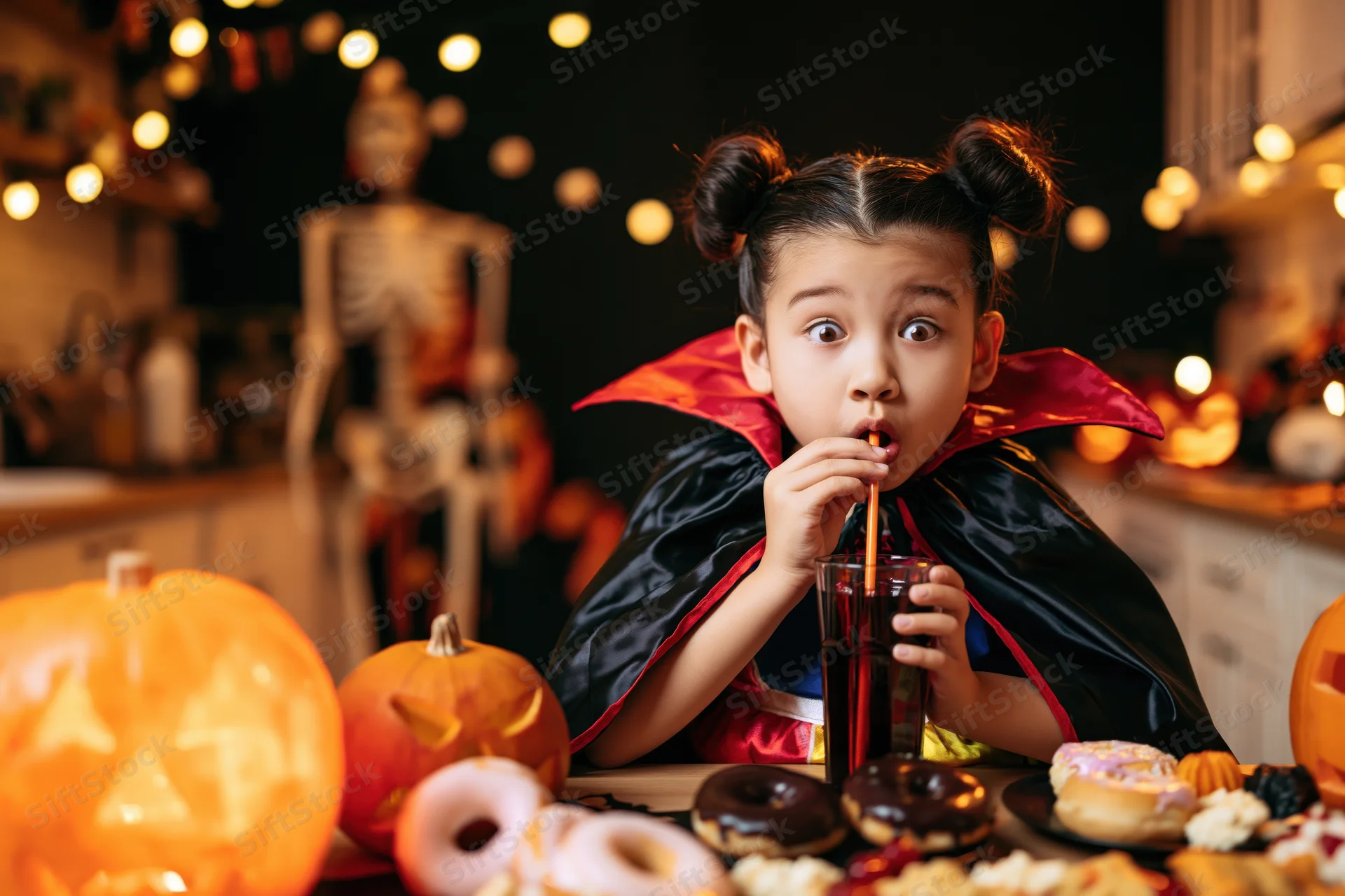 Young girl in vampire costume drinking from a straw at a halloween party table with pumpkins and donuts