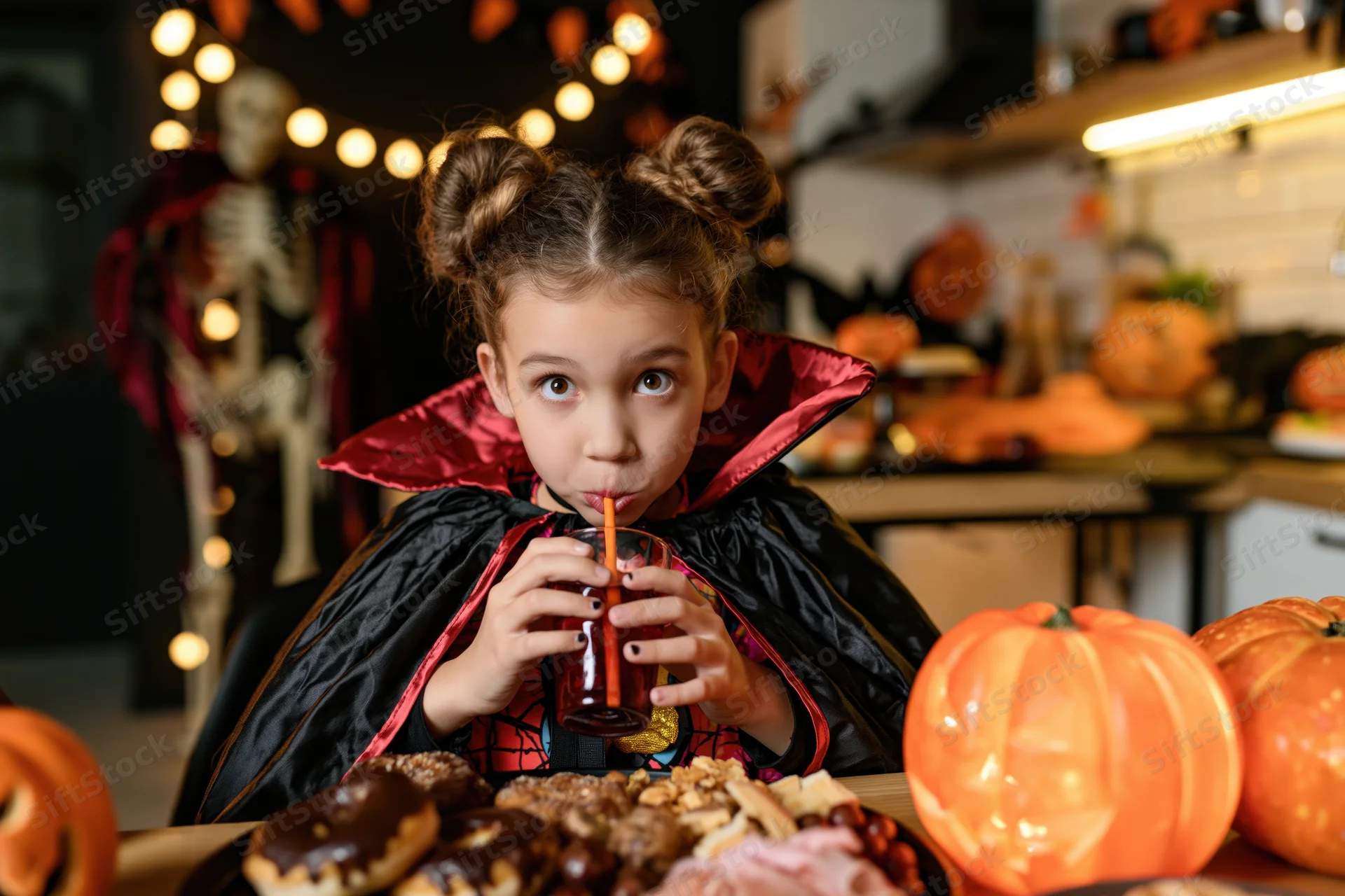 Young girl in vampire costume drinking juice at a halloween party table with pumpkins and candy