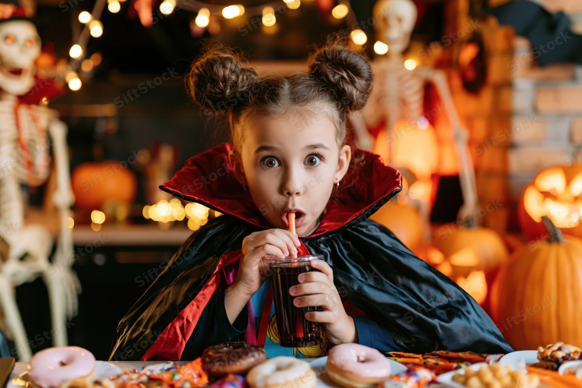 Young girl in vampire costume drinking juice with straw at halloween party table