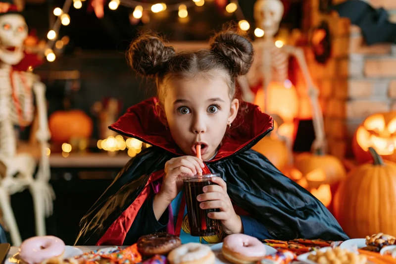 Young girl in vampire costume drinking juice with straw at halloween party table