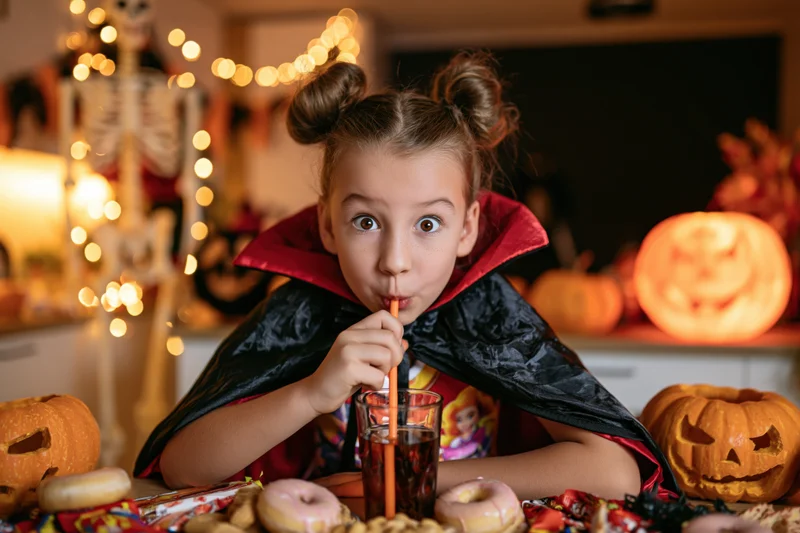 Young girl in vampire costume sipping soda with straw at halloween party table