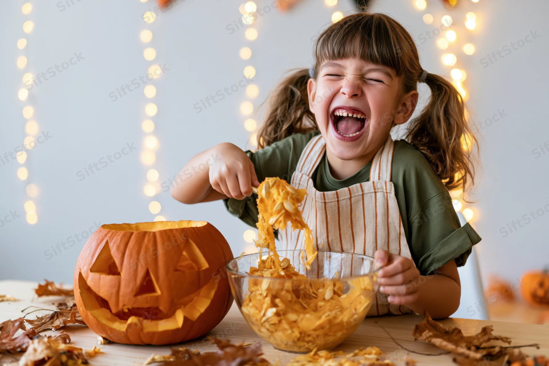 Young girl laughing while scooping pumpkin seeds into a bowl at a decorated table