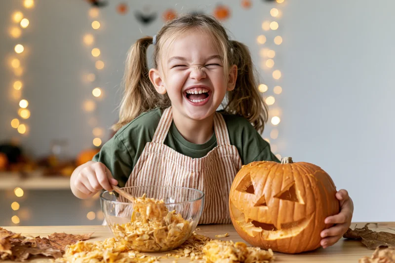 Young girl laughing while scooping pumpkin seeds at a decorated table for halloween