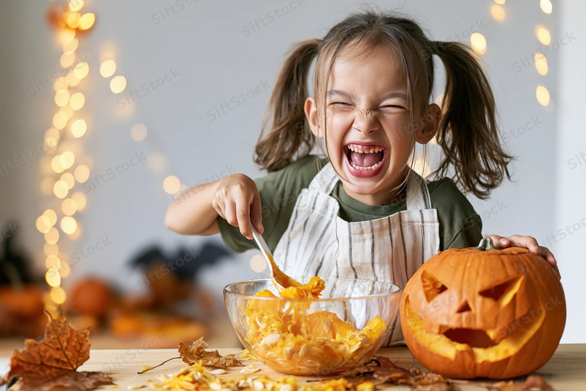 Young girl laughing while scooping pumpkin seeds at a decorated table for halloween