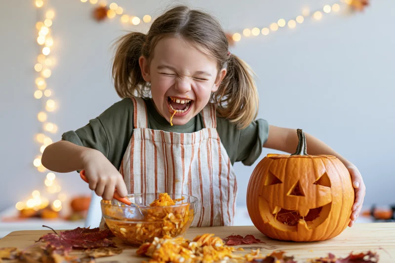 Young girl laughing while scooping pumpkin seeds from a bowl beside a carved jack-o-lantern on a wooden table