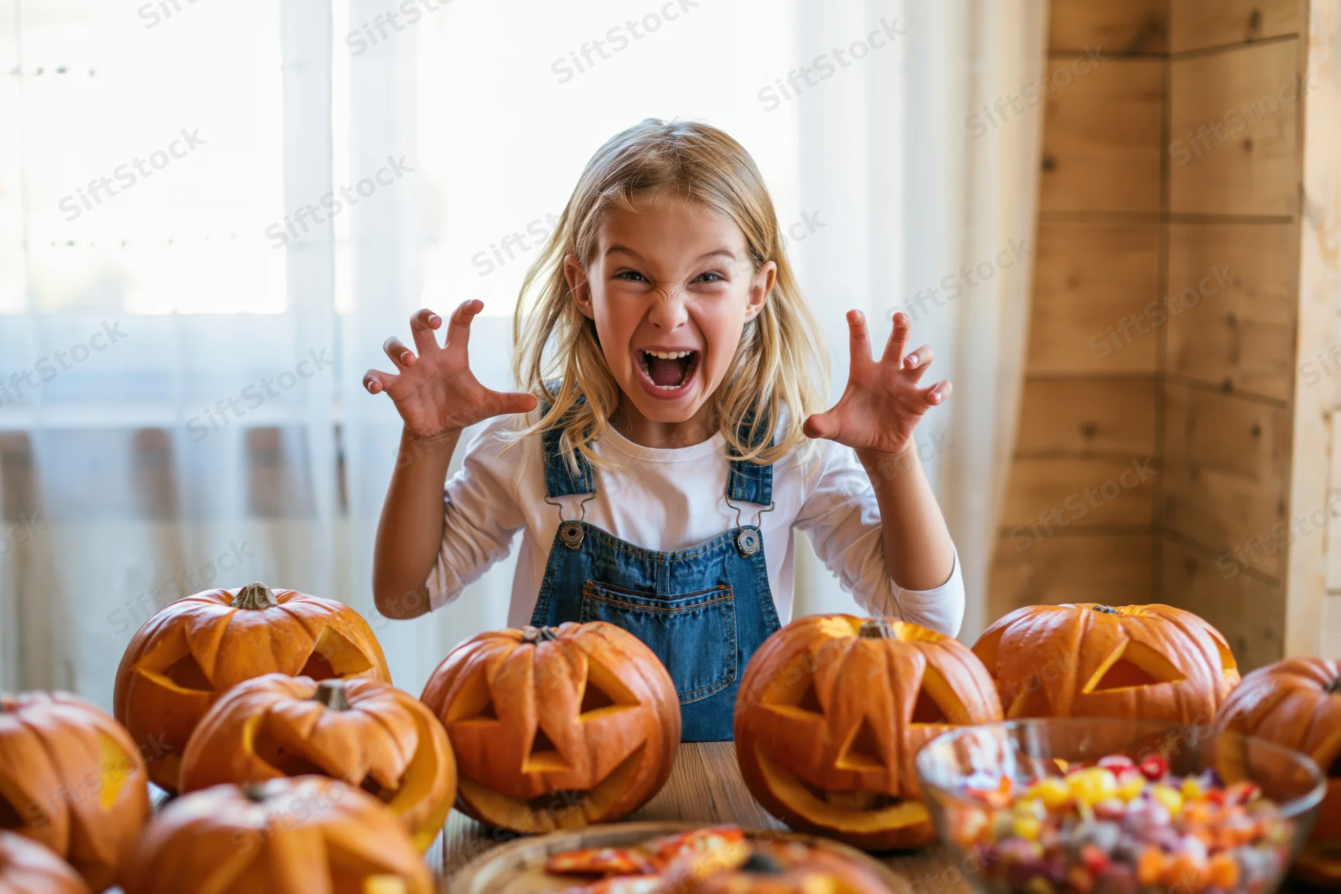 Young girl making playful monster claw gesture at camera surrounded by carved pumpkins and candy on table indoors