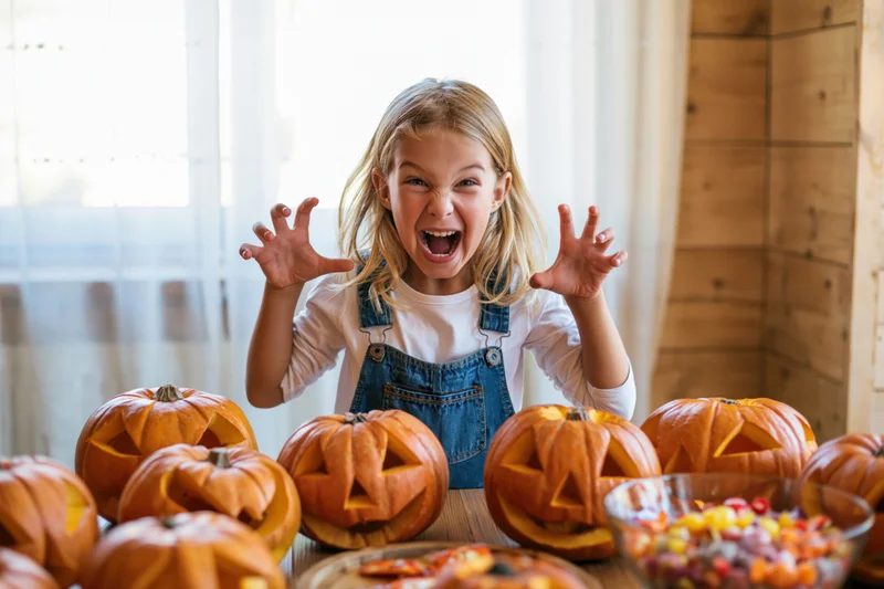 Young girl making playful monster claw gesture at camera surrounded by carved pumpkins and candy on table indoors