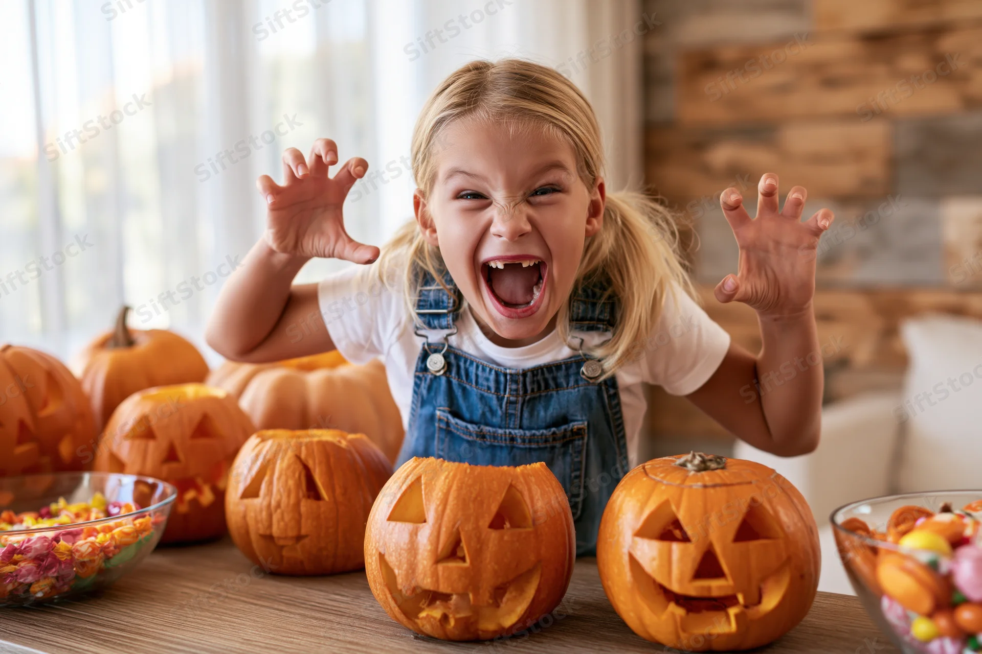 Young girl making playful monster claw gesture at camera surrounded by carved pumpkins and candy bowls on table indoors