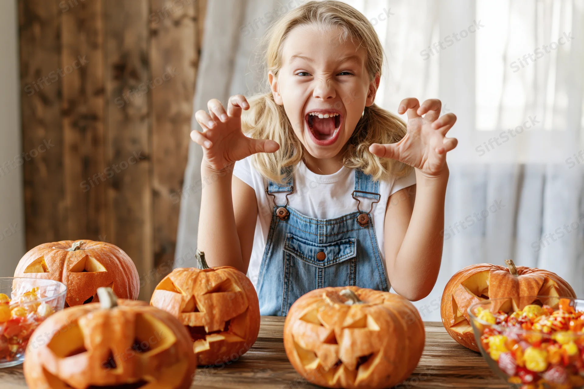 Young girl making playful monster claw gesture at camera surrounded by carved pumpkins and candy on wooden table indoors