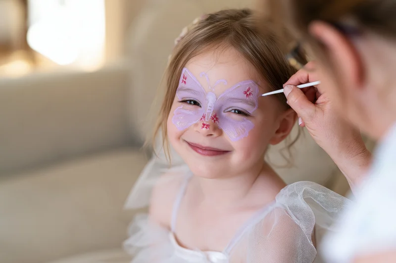 Young girl smiling as an adult paints a butterfly design on her face during a party