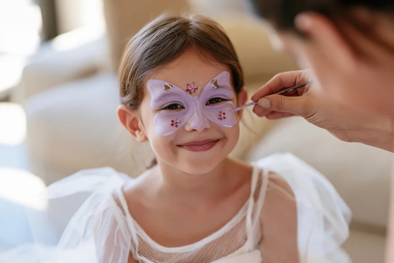 Young girl smiling as an adult paints a butterfly design on her face during a festive indoor activity