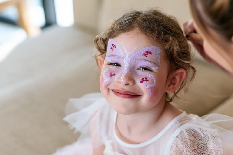Young girl smiling with butterfly face paint while an adult applies makeup at home