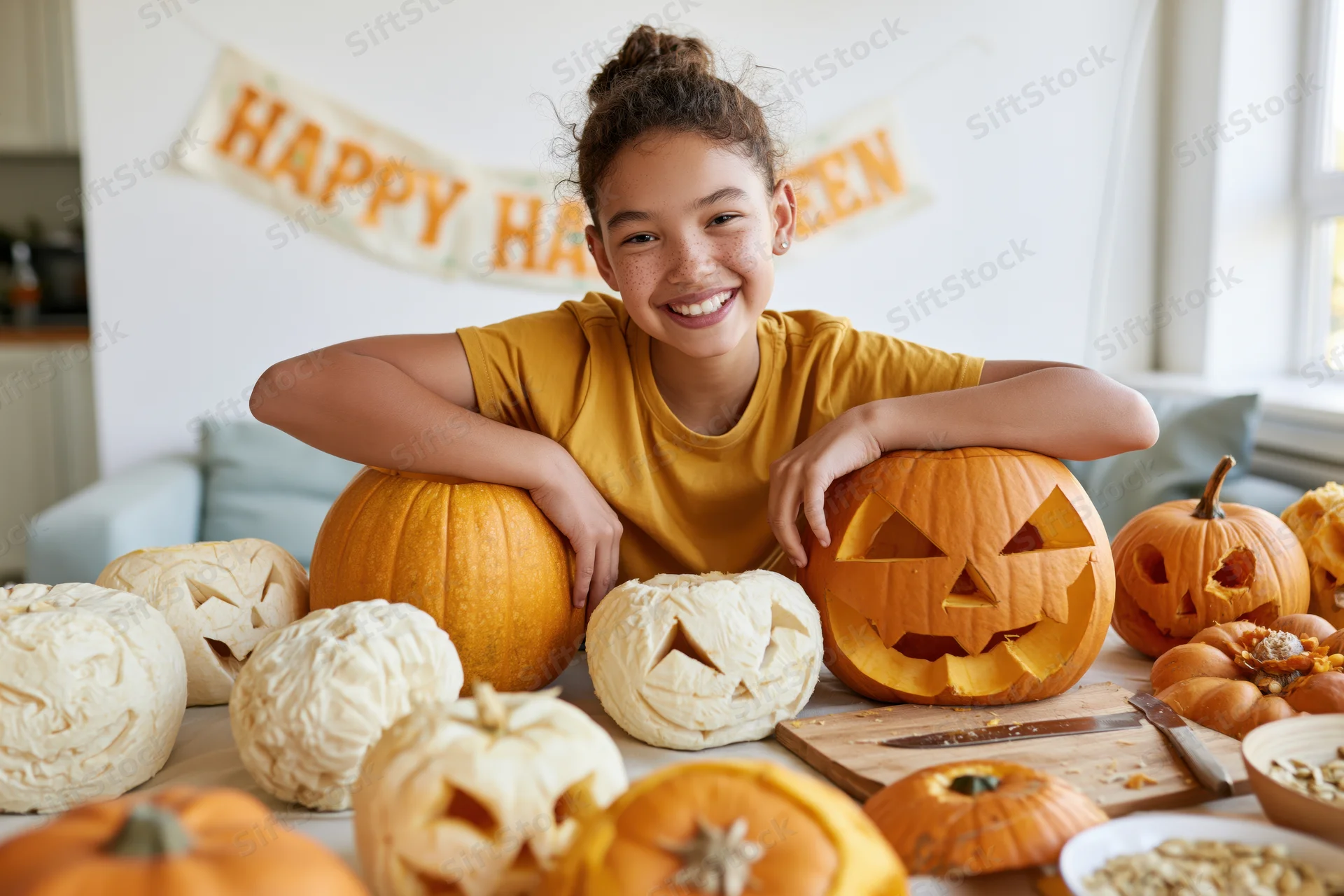 Young girl smiling while carving pumpkins at a decorated table indoors