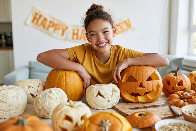 Young girl smiling while carving pumpkins at a decorated table indoors