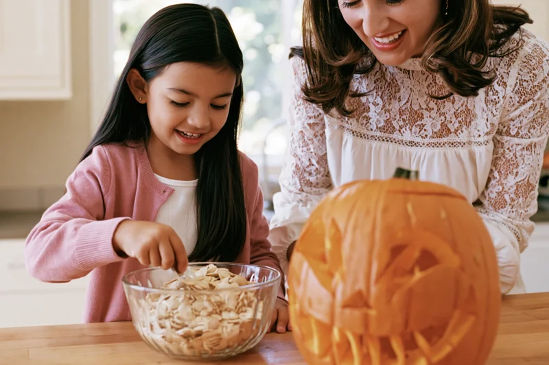 Young girl scooping pumpkin seeds into a bowl while her mother smiles beside a carved jack-o-lantern on a kitchen table