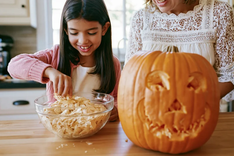 Young girl scooping pumpkin seeds into a bowl beside a carved jack-o-lantern on a kitchen table with her mother smiling nearby