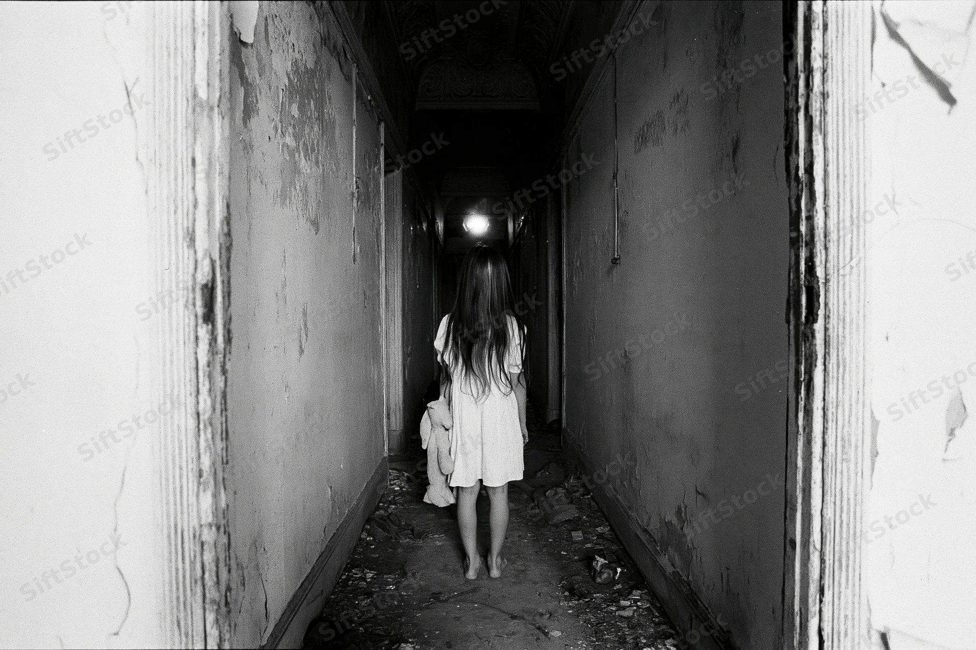 Young girl in white dress walking barefoot down a dark, decaying hallway with peeling walls and debris on the floor