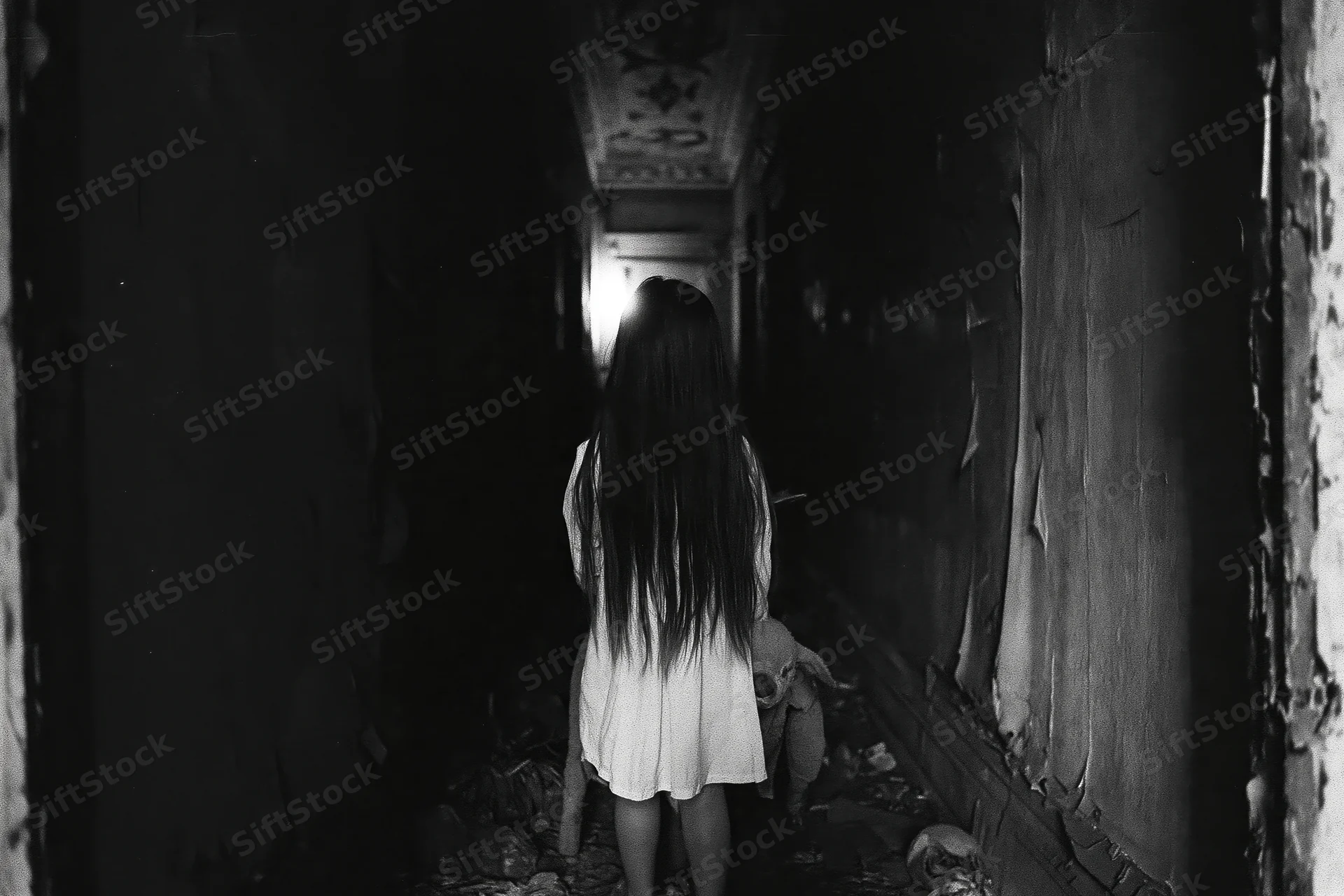 Girl in white dress walking down dark abandoned hallway with long hair covering her face