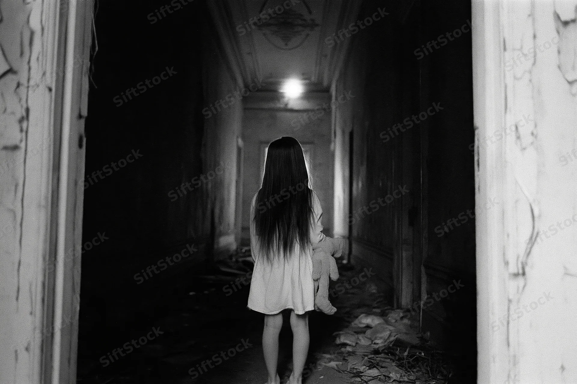 Young girl with long hair standing alone in a dark abandoned hallway holding a teddy bear