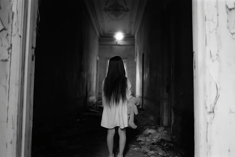 Young girl with long hair standing alone in a dark abandoned hallway holding a teddy bear