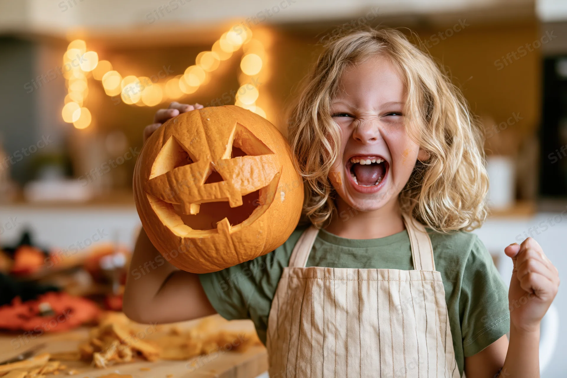 Young girl holding carved jack-o-lantern in kitchen during halloween crafting session