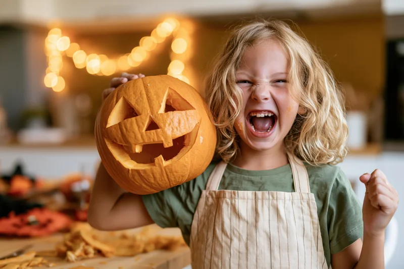 Young girl holding carved jack-o-lantern in kitchen during halloween crafting session