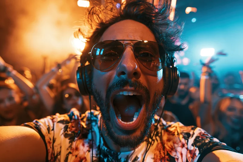 Man with headphones and sunglasses shouting at a crowded music concert