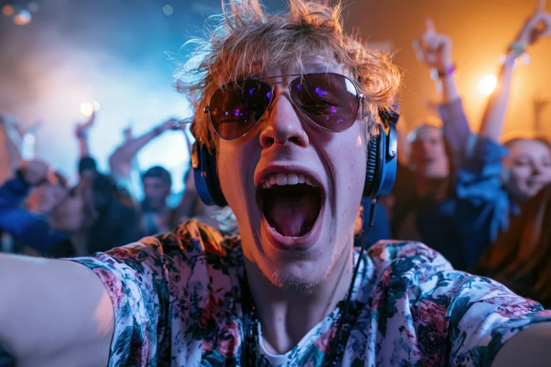 Young man with headphones and sunglasses shouting at a concert with crowd in background