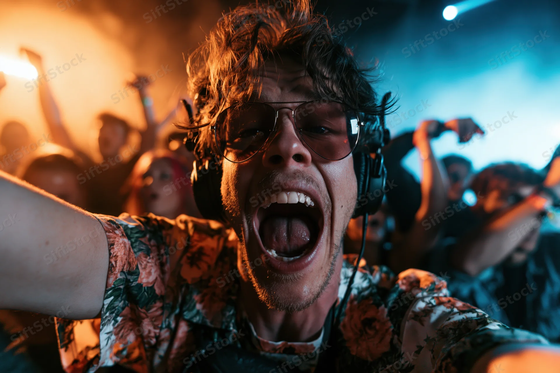 Young man shouting with headphones and aviator sunglasses at a concert crowd