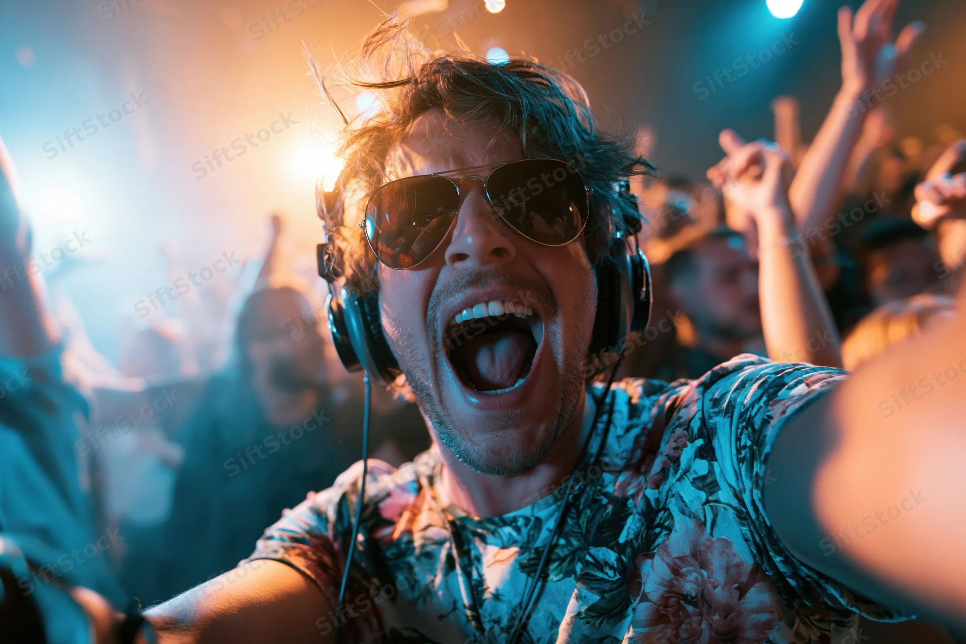 Man shouting with headphones and sunglasses at a concert crowd
