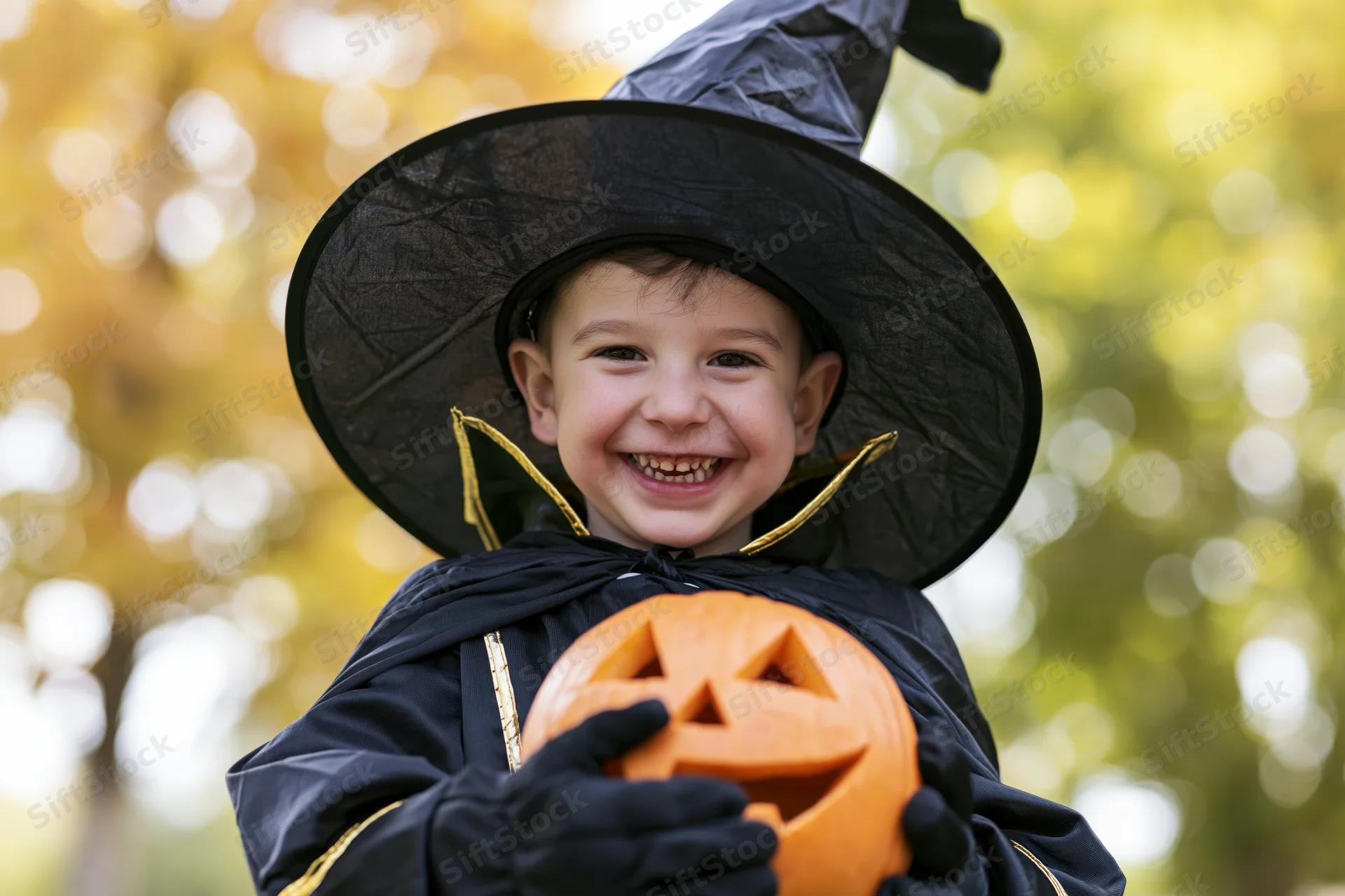 Smiling toddler boy in witch costume holding carved pumpkin outdoors in autumn foliage