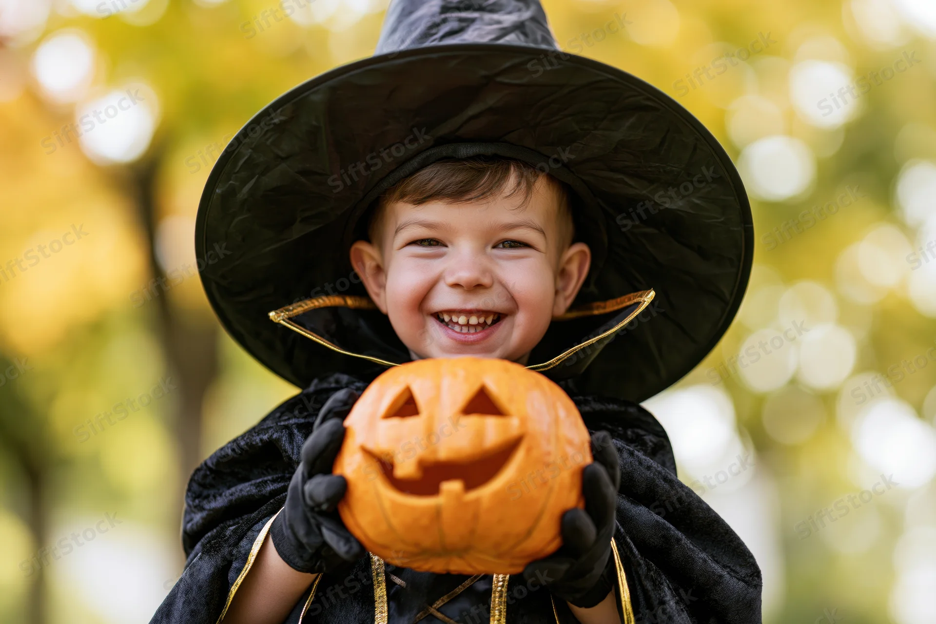 Smiling toddler boy in witch costume holding carved pumpkin outdoors in autumn foliage